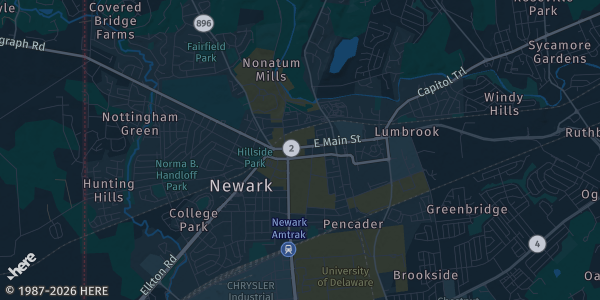 Map of Newark, DE. The exact address of Ramada Inn is not known, so the map shows the area rather than a specific building.