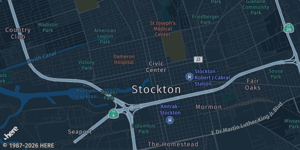 Map of Stockton, CA. The exact address of University of the Pacific is not known, so the map shows the area rather than a specific building.
