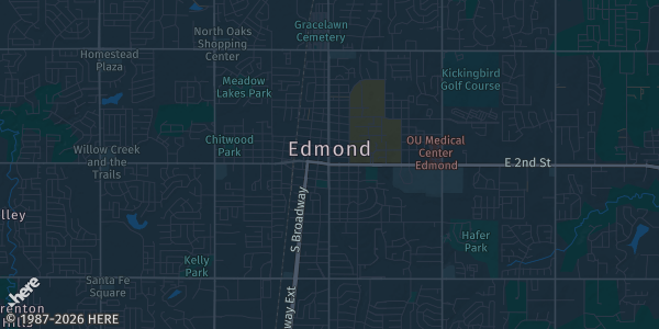 Map of Edmond, OK. The exact address of Breakpoint Cards and Collectibles is not known, so the map shows the area rather than a specific building.