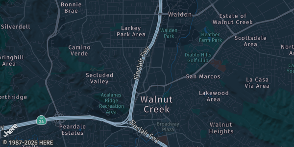 Map of Walnut Creek, CA. The exact address of Civic Park Assembly Hall is not known, so the map shows the area rather than a specific building.