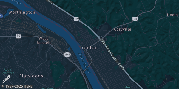 Map of Ironton, OH. The exact address of Ohio University-Southern Campus is not known, so the map shows the area rather than a specific building.