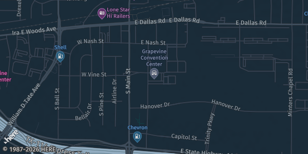 Map showing Grapevine Convention Center in Grapevine, TX.