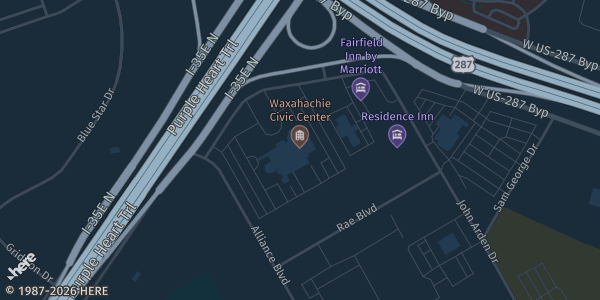 Map showing Waxahachie Civic Center in Waxahachie, TX.