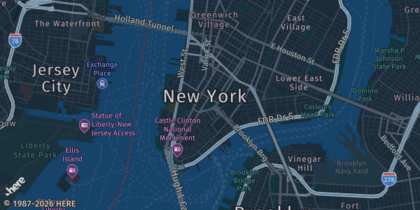 Map of New York, NY. The exact address of The New Yorker Hotel is not known, so the map shows the area rather than a specific building.