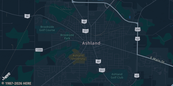 Map of Ashland, OH. The exact address of Ashland County Fairgrounds Green Bldg is not known, so the map shows the area rather than a specific building.