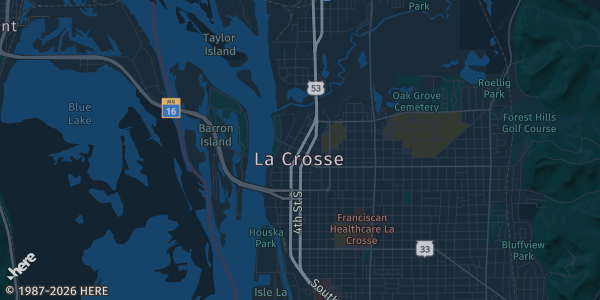 Map of LaCrosse, WI. The exact address of La Crosse Center is not known, so the map shows the area rather than a specific building.