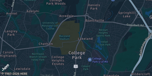 Map of College Park, MD. The exact address of Samuel Riggs IV Alumni Center is not known, so the map shows the area rather than a specific building.