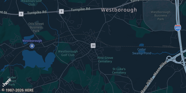 Map of Westborough, MA. The exact address of Westborough Community Center is not known, so the map shows the area rather than a specific building.