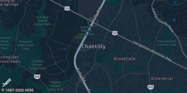 Map of Chantilly, VA. The exact address of The Dulles Expo Center is not known, so the map shows the area rather than a specific building.