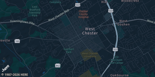 Map of West Chester, PA. The exact address of Sturzebecker Health Science Center is not known, so the map shows the area rather than a specific building.