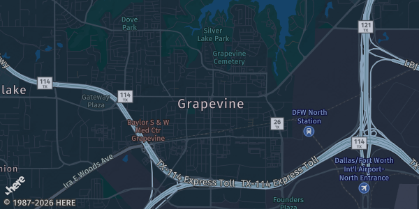 Map of Grapevine, TX. The exact address of Great Wolf Lodge is not known, so the map shows the area rather than a specific building.