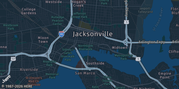 Map of Jacksonville, FL. The exact address of Adam W. Herbert University Center is not known, so the map shows the area rather than a specific building.