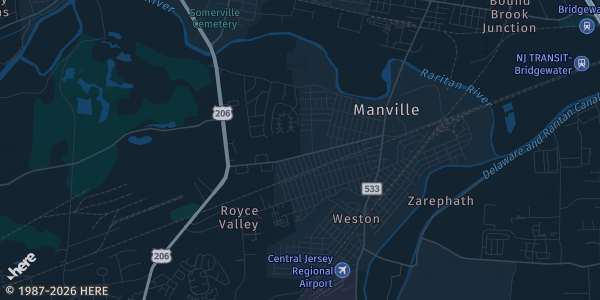 Map of Hillsborough, NJ. The exact address of Manville Elks Lodge is not known, so the map shows the area rather than a specific building.