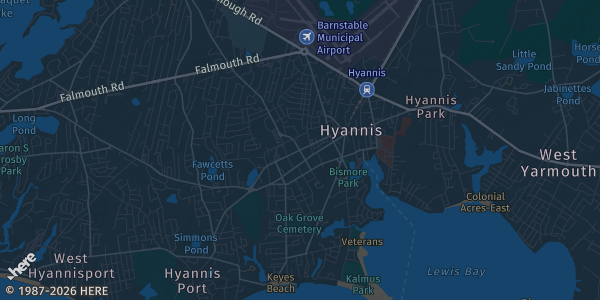 Map of Hyannis, MA. The exact address of Margaritaville Resort Cape Cod is not known, so the map shows the area rather than a specific building.
