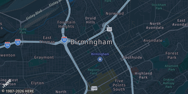 Map of Birmingham, AL. The exact address of BJCC North Hall is not known, so the map shows the area rather than a specific building.