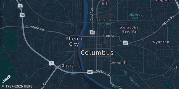Map of Columbus, GA. The exact address of Columbus, Georgia Convention & Trade Center is not known, so the map shows the area rather than a specific building.