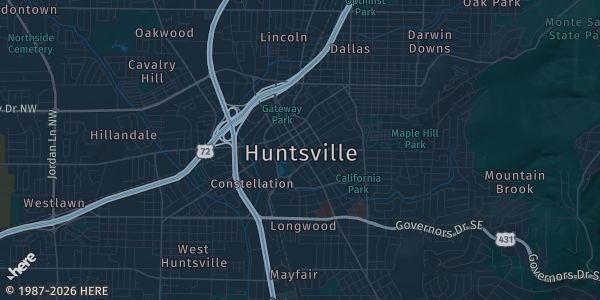 Map of Huntsville, AL. The exact address of Von Braun Center is not known, so the map shows the area rather than a specific building.