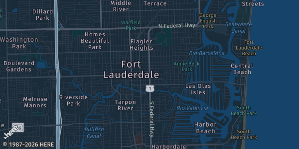 Map of Ft. Lauderdale, FL. The exact address of Broward County Convention Center is not known, so the map shows the area rather than a specific building.