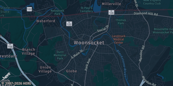 Map of Woonsocket, RI. The exact address of The St. Joseph Veterans Association Hall is not known, so the map shows the area rather than a specific building.