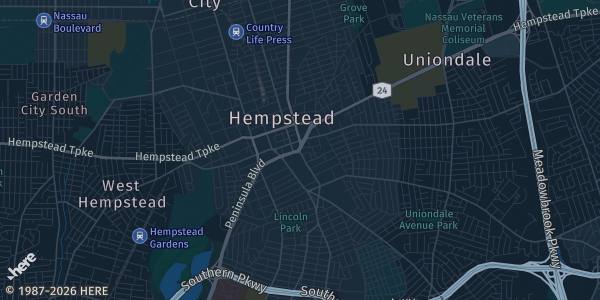 Map of Hempstead, NY. The exact address of Hofstra University (David S Mack Center) is not known, so the map shows the area rather than a specific building.