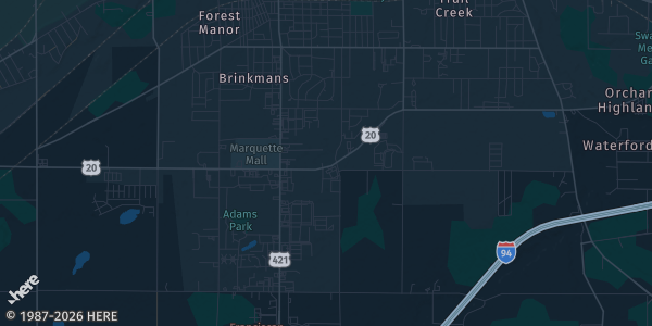 Map of Michigan City, IN. The exact address of Michigan City F.O.P. is not known, so the map shows the area rather than a specific building.