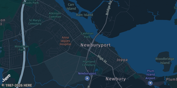 Map of Newburyport, MA. The exact address of Masonic Center is not known, so the map shows the area rather than a specific building.