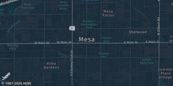 Map of Mesa, AZ. The exact address of Mesa Convention Center is not known, so the map shows the area rather than a specific building.