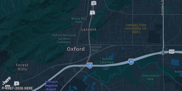 Map of Oxford, AL. The exact address of Quintard Mall is not known, so the map shows the area rather than a specific building.