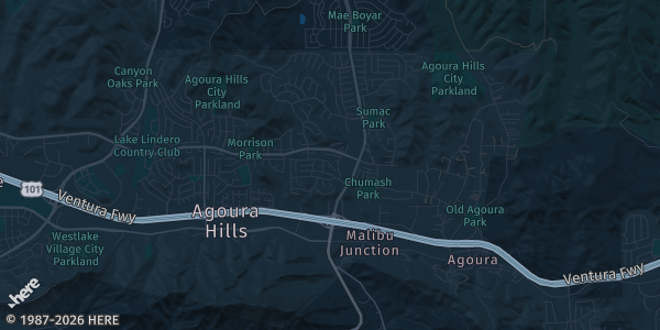 Map of Augora Hills, CA. The exact address of Sheraton Hotel Agoura Hills is not known, so the map shows the area rather than a specific building.