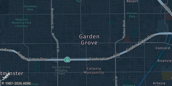 Map of Garden Grove, CA. The exact address of Delta Hotels Marriott Anaheim Garden Grove is not known, so the map shows the area rather than a specific building.