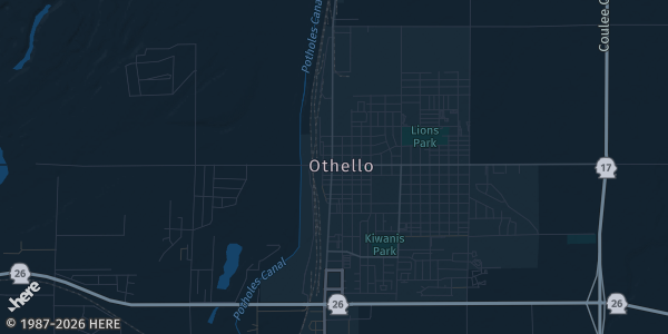 Map of Othello, WA. The exact address of The Pizza Factory is not known, so the map shows the area rather than a specific building.