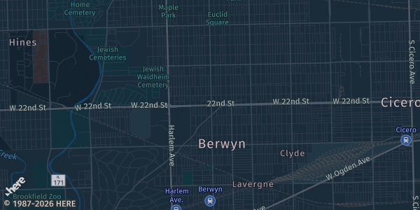 Map of Berwyn, IL. The exact address of Destino Event Center is not known, so the map shows the area rather than a specific building.