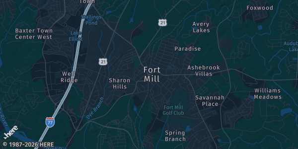 Map of Ft. Mill, SC. The exact address of Sisk Memorial Baptist Church is not known, so the map shows the area rather than a specific building.