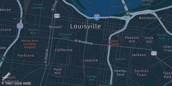 Map of Louisville, KY. The exact address of Our City Church is not known, so the map shows the area rather than a specific building.