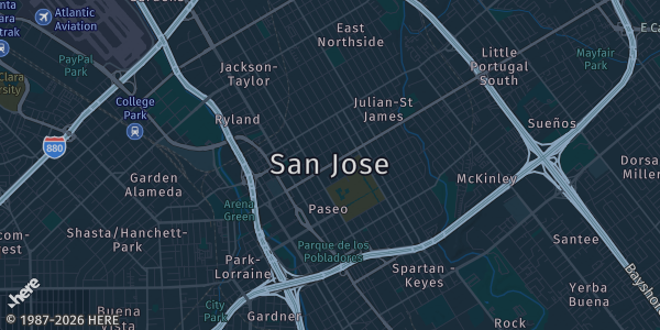 Map of San Jose, CA. The exact address of The Throne Card Show is not known, so the map shows the area rather than a specific building.