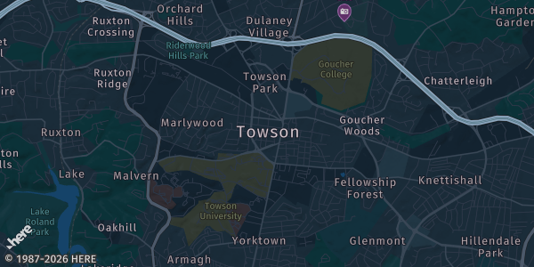 Map of Towson, MD. The exact address of The Rec Room is not known, so the map shows the area rather than a specific building.