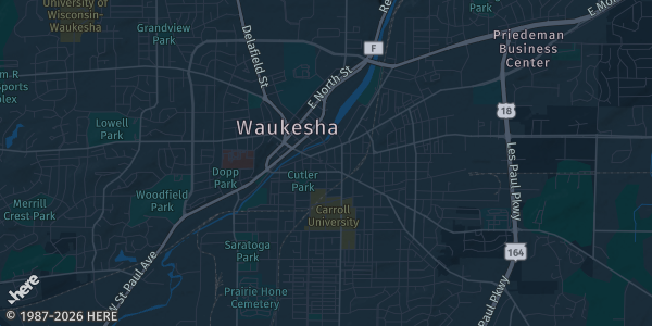 Map of Waukesha, WI. The exact address of The Waukesha Expo Center is not known, so the map shows the area rather than a specific building.