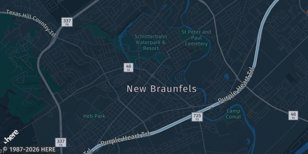 Map of New Braunfels, TX. The exact address of New Braunfels Civic Center is not known, so the map shows the area rather than a specific building.