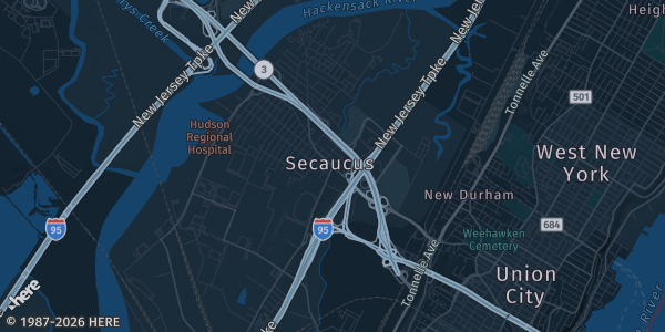 Map of Secaucus, NJ. The exact address of La Quinta Inn & Suites is not known, so the map shows the area rather than a specific building.