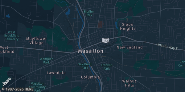 Map of Massillon, OH. The exact address of Knights of Columbus is not known, so the map shows the area rather than a specific building.