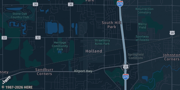 Map of Holland, OH. The exact address of The Bunker Bar and Banquet Hall is not known, so the map shows the area rather than a specific building.