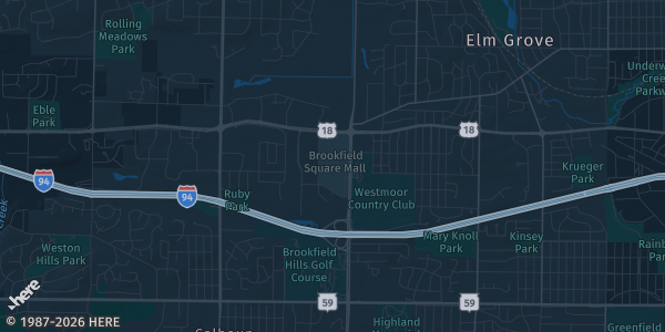 Map of Brookfield, WI. The exact address of Brookfield Square Mall is not known, so the map shows the area rather than a specific building.