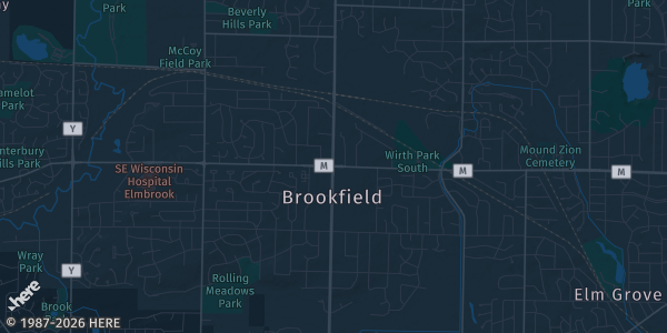 Map of Brookfield, WI. The exact address of Brookfield Square Mall is not known, so the map shows the area rather than a specific building.