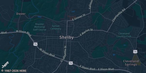 Map of Shelby, NC. The exact address of The Legrand Center is not known, so the map shows the area rather than a specific building.