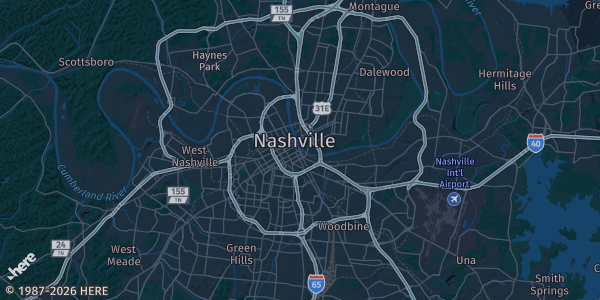 Map of Nashville, TN. The exact address of Nashville-area convention venue (TBA) is not known, so the map shows the area rather than a specific building.