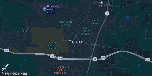 Map of Oxford, MS. The exact address of Oxford Activity Center is not known, so the map shows the area rather than a specific building.