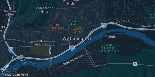 Map of Williamsport, PA. The exact address of Saint John Neumann Regional Academy High School is not known, so the map shows the area rather than a specific building.