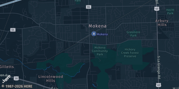 Map of Mokena, IL. The exact address of Duke's Drive In Mokena is not known, so the map shows the area rather than a specific building.