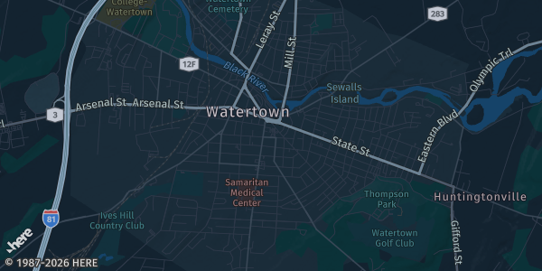 Map of Watertown, NY. The exact address of Venue Travertine - Watertown, NY is not known, so the map shows the area rather than a specific building.