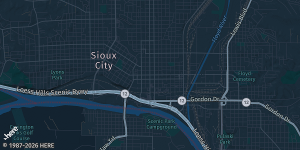 Map of Sioux City, IA. The exact address of Sioux City Convention Center is not known, so the map shows the area rather than a specific building.